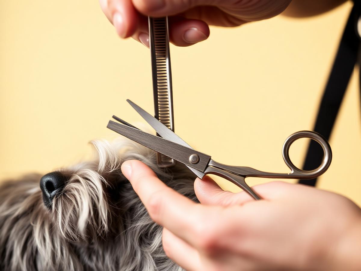 Detalle de tijera de peluquería canina trabajando el manto de un terrier