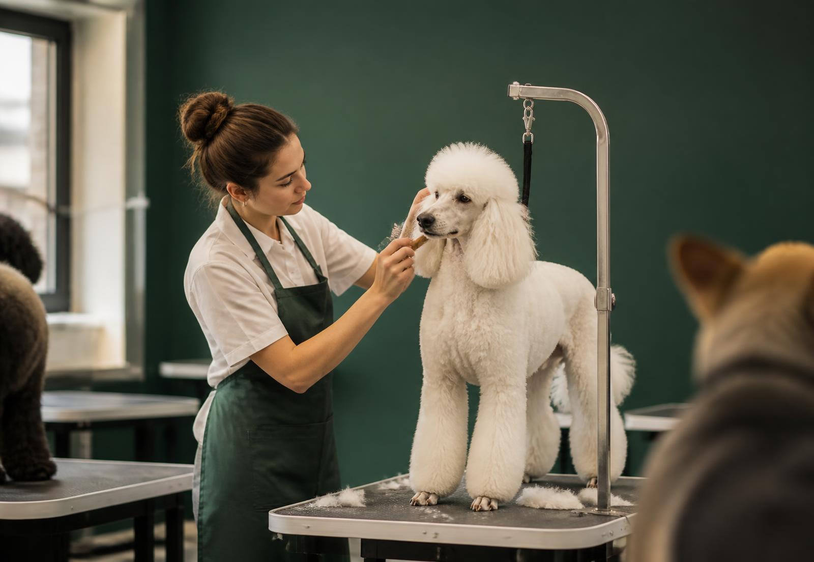 Alumna de Aulanimal trabajando el manto de un caniche en mesa de peluquería